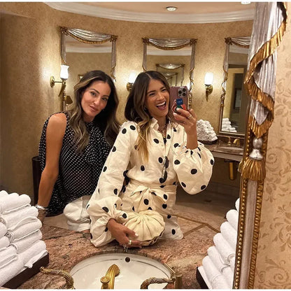 Casual White Polka Dot Print High Waist Mini Skirt Set Women Long Puff Sleeve Lapel Single Breast Lace-up Tops Set New Lady Wear