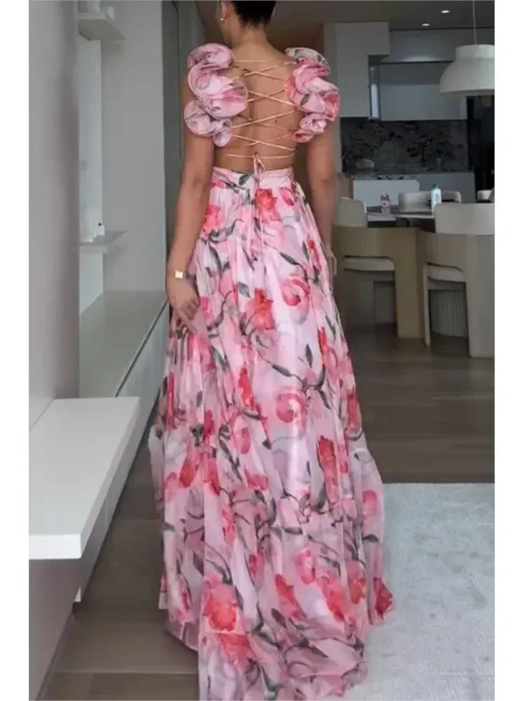 2025 Sexy Printed Chiffon Long Dress Summer Fashion Elegant V Neck Ruffles Edge Slim Vacation Sleeveless Backless Party Dresses