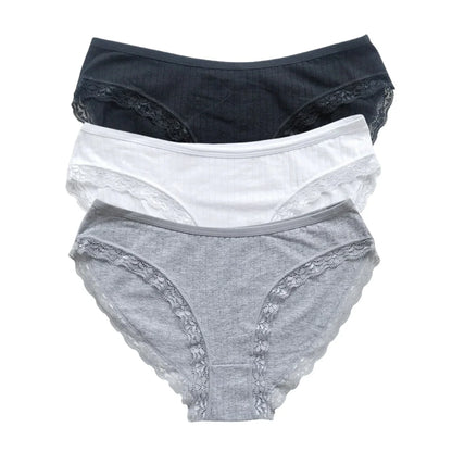 3Pcs/Set Cotton Panties Women Lace Trim Briefs Female Underpants Solid Color Soft Underwear Sexy Lingerie Intimates M-XL