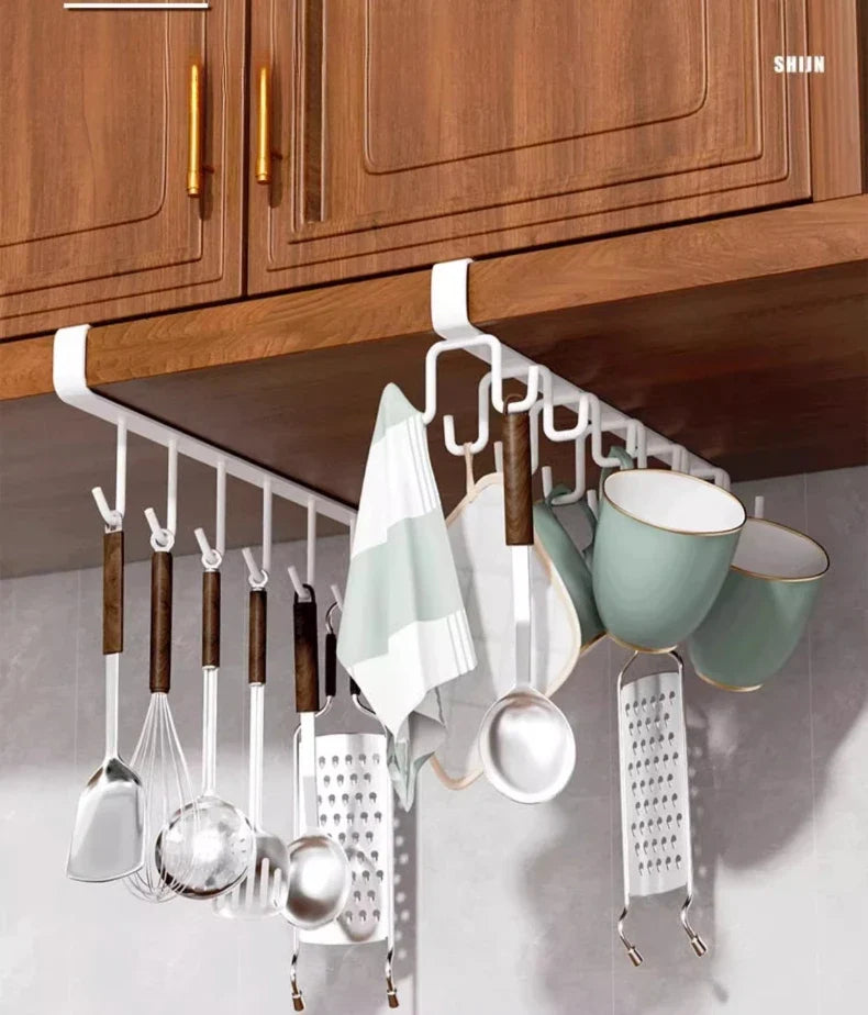 Household Kitchen Cabinet Bottom Shelf Hanging Hook, Non Perforated Cloth Rack, 6-Hook Organizing Rack, Spatula Hanging Rack