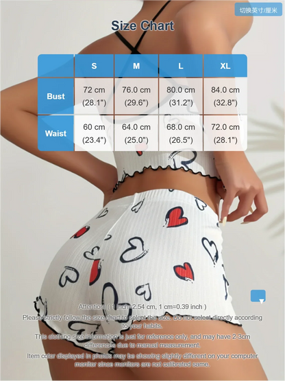 Women Pajama Set Heart Print Ribbed Sleepwear Cute Cami Top and Shorts Loungewear Summer Homewear Nightwear