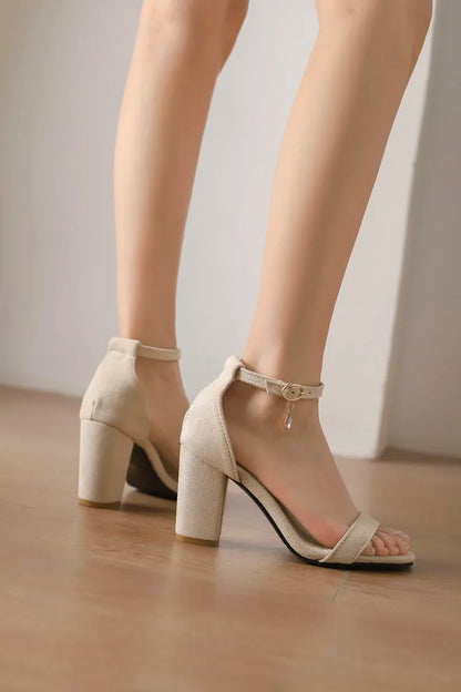 Beige Suede Ankle Strap Block Heel Sandals for Women, Round Open Toe with Rhinestone Accent, Multiple Colors Available