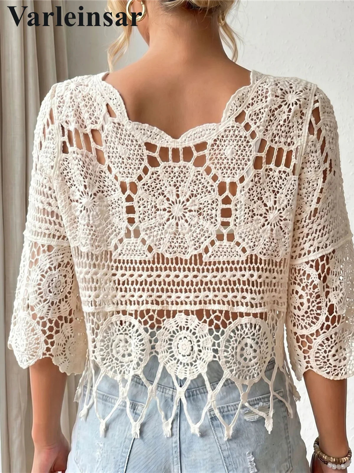 Half Sleeve Hollow Out Solid Crochet Knitted Tunic Beach Cover Up Cover-ups Beach Dress Beach Wear Beachwear Female Women V8401