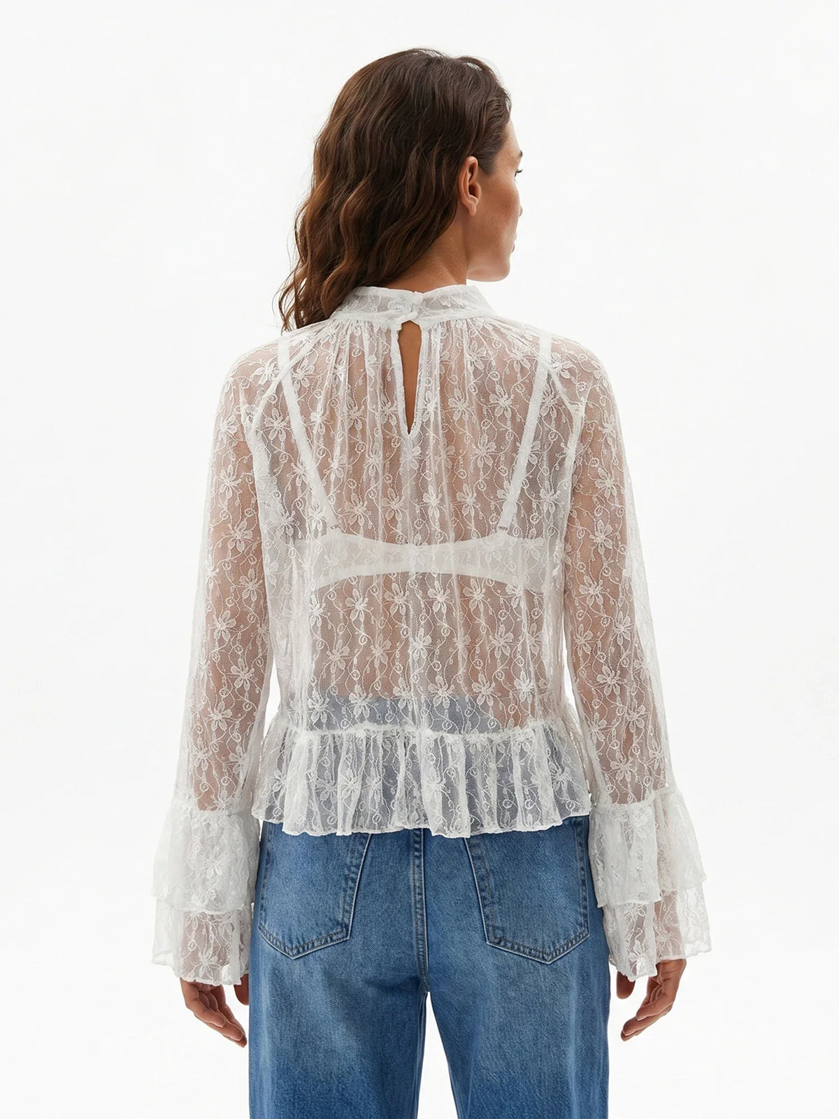 Womens Summer Sheer Shirts Flare Long Sleeve Mock Neck Lace Floral Tops Fashion Ruffled Peplum Hem Cropped T-shirts