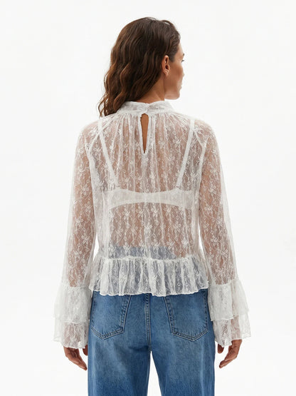 Womens Summer Sheer Shirts Flare Long Sleeve Mock Neck Lace Floral Tops Fashion Ruffled Peplum Hem Cropped T-shirts