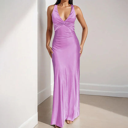 Sexy Elegant Party Long Dress Fashion Summer Solid Color V-Neck Halter Neck 2025 Backless Vestidos Sleeveless Beach Maxi Dresses