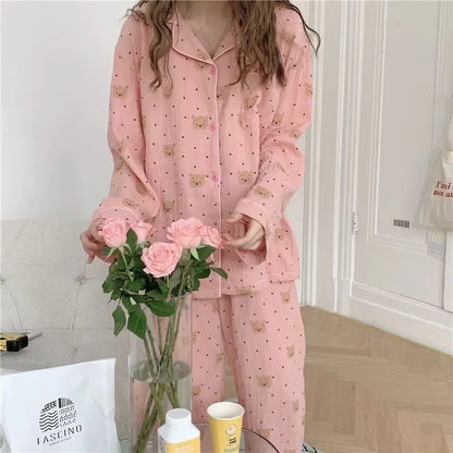 Spring New Long-Sleeved Pajamas Female Rustic Style Floral Imitation Cotton Wrinkled Cloth Loose Girls Sweet Pajamas Homewear Se