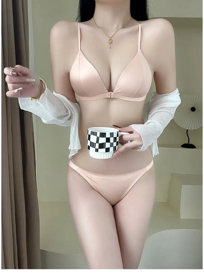Summer French Triangle Bra Small Bust Beachwear Light Support Front Buckle Adjustable Straps Ultra Thin Bikini Set AU MOYISU AB