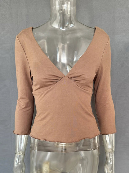 Trendix V Neck Slim Long Sleeve Tops Women 2026 Spring Casual Vintage Bodycon Pullover Top Party Retro Office Basic Backless Top