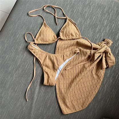 Three Piece Bikinis Sets 2026 String Halter Swimwear with Cover Up Sexy Swimsuit Women Beachwear Bathing Suit Black Mini Bikini