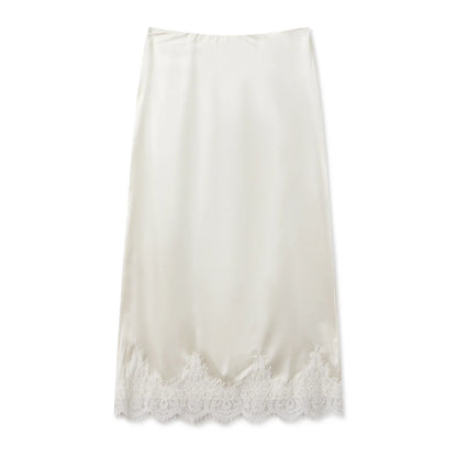 Women Solid Color Satin Long Skirs Elegant Low Waist Lace Patchwork Flowy Summer Skirt for Casual