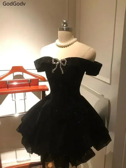Black French Vintage Elegant Design Woman Dress Gothic Off Shoulder Retro Mini Dress Female Fairy Birthday Party Chic Outfits