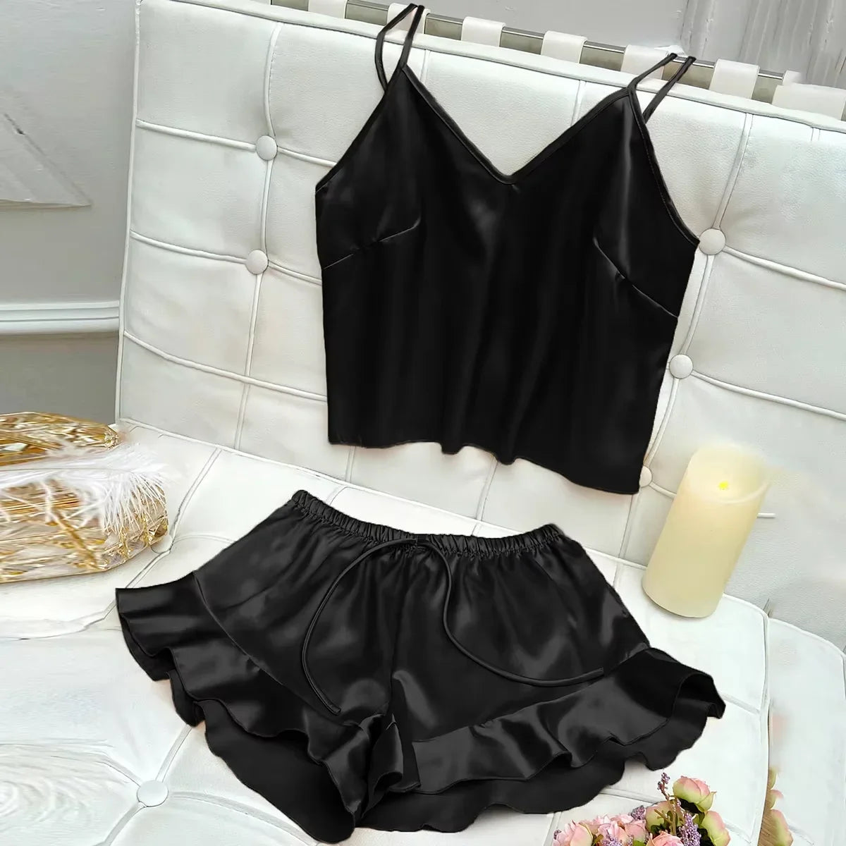 Solid Satin Pajama Set V Neck Cami Top Ruffle Shorts Women&