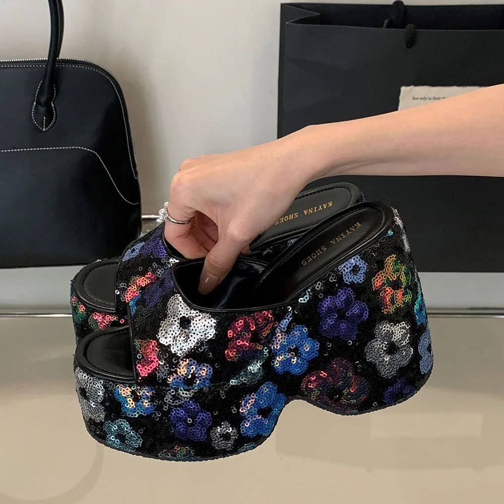2025 Vintge Denim Blue Summer Chunky Platform Sandals Women Slides Chunky High Heels Wedges Shoes Mules Outdoor Slipper