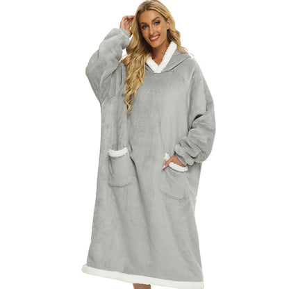 New 120/150cm Winter Thick Blanket Extra Plush Hoodie Lengthened Large Pocket Imitation Cashmere Home Coat Fleece TV Blanket 1pc