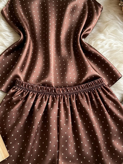 New Fashion Women Polka Dot Print Satin 2Pcs Pajama Set Elegant Round Neck Top Elastic Waist Shorts Ladies Home Sleepwear