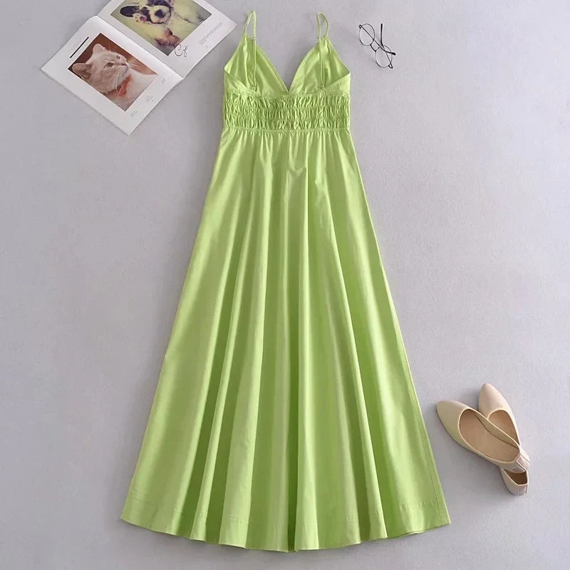 Foridol Elastic Smocking Green Cotton V Neck Summer Women&