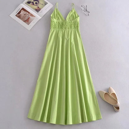 Foridol Elastic Smocking Green Cotton V Neck Summer Women&