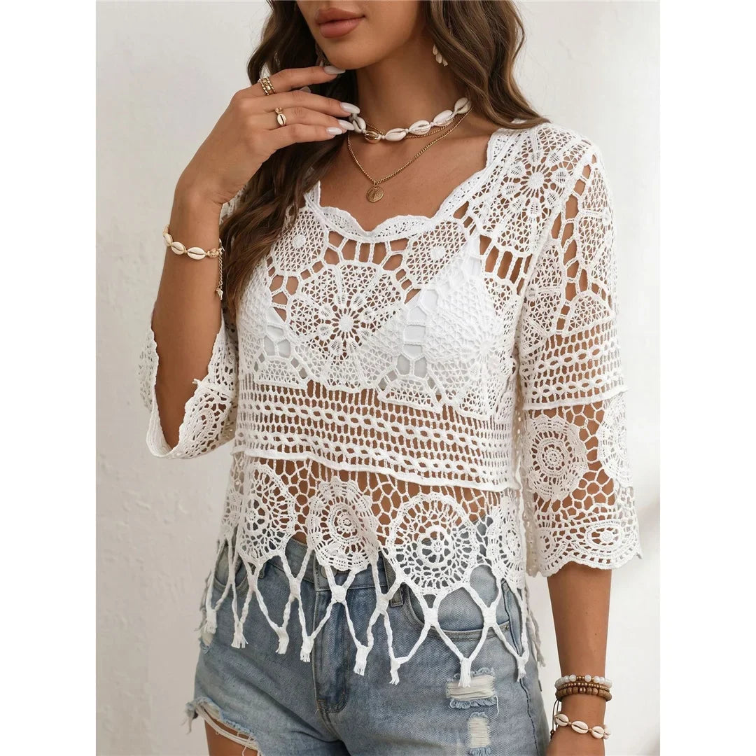 Half Sleeve Hollow Out Solid Crochet Knitted Tunic Beach Cover Up Cover-ups Beach Dress Beach Wear Beachwear Female Women V8401
