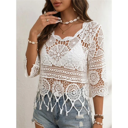 Half Sleeve Hollow Out Solid Crochet Knitted Tunic Beach Cover Up Cover-ups Beach Dress Beach Wear Beachwear Female Women V8401