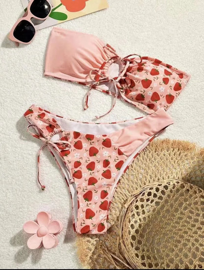 cute pink strawberry bandeau bikinis sets two pieces bow high waist padded bathing suit beach wear women thong bikini swimsuits