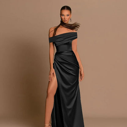 Elegant Satin Solid Color Off-Shoulder Women&