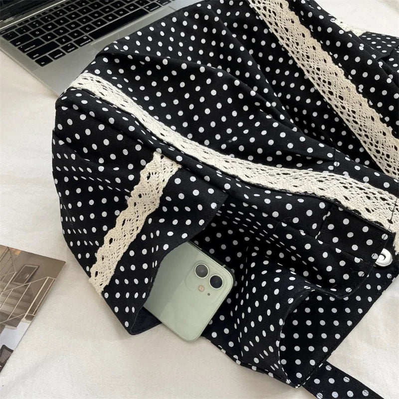 Sweet Lace Shoulder Bag Korean Style Canvas Tote With Polka Dot Pattern Large Capacity And Multi Pocket