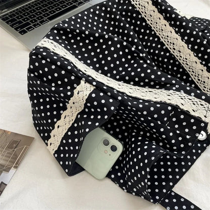 Sweet Lace Shoulder Bag Korean Style Canvas Tote With Polka Dot Pattern Large Capacity And Multi Pocket