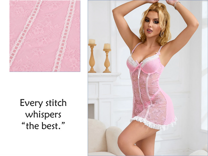Pink Sexy Lace Ruffled Suspender Nightdress for Women Babydoll Lingerie Push Up Chemise Sleepwear