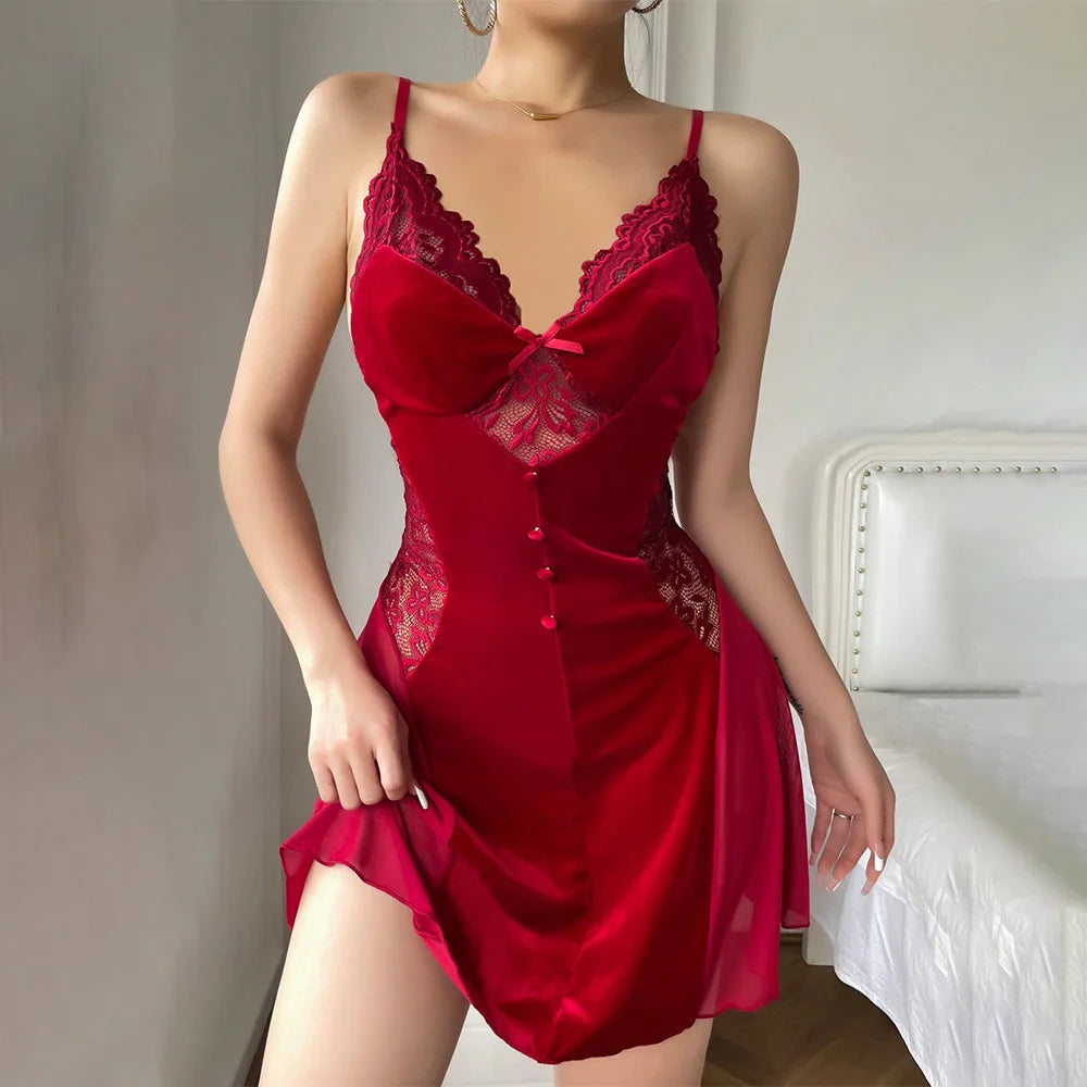 Sexy  Velvet Mesh Splicing Sling V-neck Fit And Flare Dress Elegant Pure Colour Temperament Girl Dew Shoulder Dresses New  NKGJ