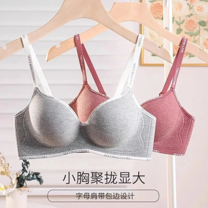 Thickened Push-Up Bra for Small Chest Wireless No Steel Ring Letter Print Adjustable Straps Anti-Slip Pads Seamless Lingerie
