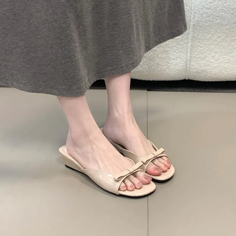 2026 New Polka Dot Wedges Heels Women Slippers Fashion Open Toe Butterfly-knot Party Dress Slide Summer Outdoor Daily Wear Shoes