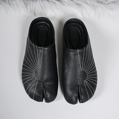 Women Tabi Split Toe Mules Sunburst Stitch Soft Leather Closed Toe Backless Slip‑On Flat Casual Shoes