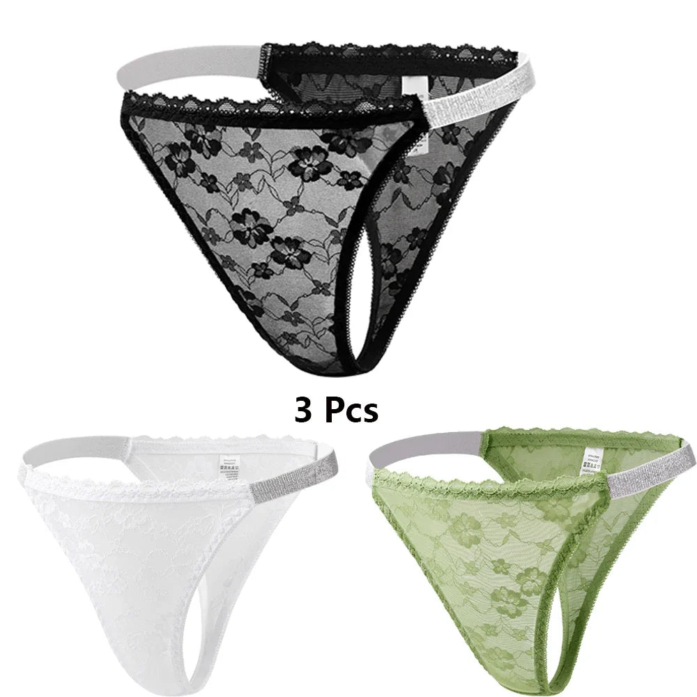 3 Pcs Plus Size Womens Sexy Lace Thongs Breathable and Comfortable Stretch Underwear Lace-Trimmed Designs with Elegant