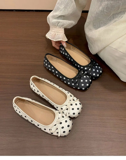 New Butterfly-knot Women Dot Ballet Flats Comfort Square Toe Slip on Shoes Ladies Eelgant Soft Sole Dress Mary Jane Shoes