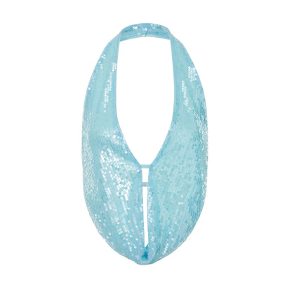 Women Summer Solid Color Tank Tops Sparkly Sequins Backless Halter Neck Vests Sleeveless Backless Crop Tops Streetwear