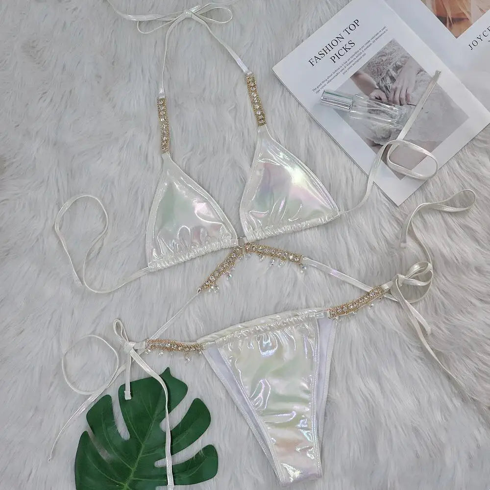 DEKA Shiny Diamond Chain Bikinis Set Mujer Two Pieces Crystal diamond Swimsuit Women Thong Swimwear Sexy Halter Swimsuit