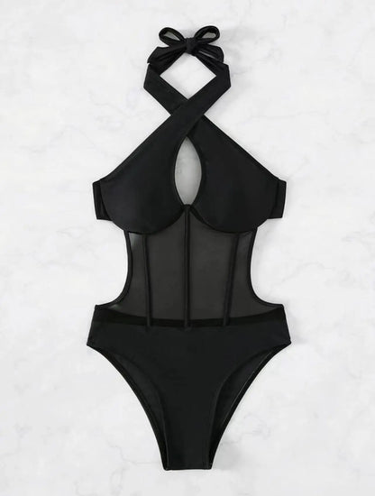 One Piece Bikini Women 2026 Grenadine Solid black Cross Bandage Hollow Out Swimwear Beach Backless Bathing Suit Monokini