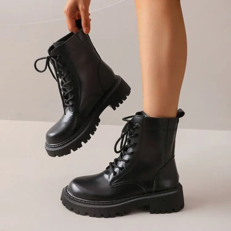 Women Lace Up Combat Ankle Boots PU Leather Chunky Lug Sole Round Toe Casual Winter Daily Shoes