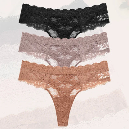 3-Piece Lace Thong Panties for Women – Seamless, Low-Rise Lingerie
