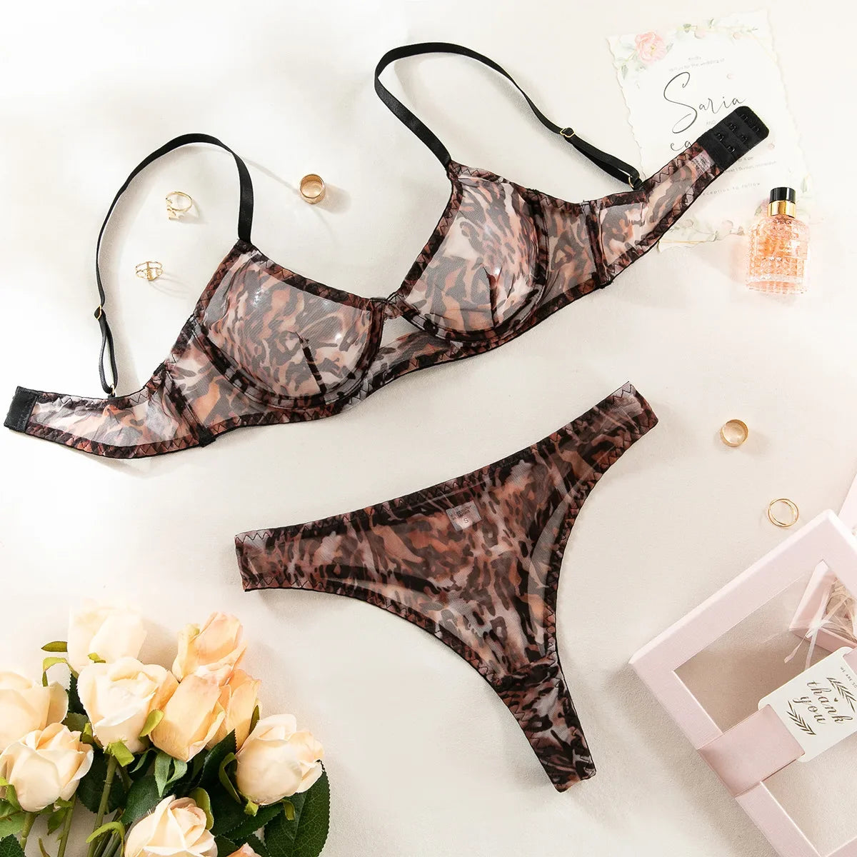 Leopard Printed See Through Bra and Panty Set Women Sexy Lingerie Ultra-thin Transparent Underwear Intimate Sleepwear
