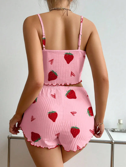 Camisole Strawberry Printing Casual Vest Tops and Shorts 2 Pieces Pajamas Set Women&