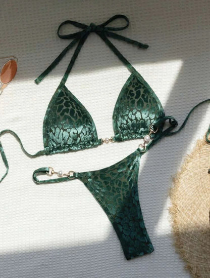 DEKA Sexy Brazilian Shiny Pearl Micro Bikini Faux Leather Swimwear Women Thong Swimsuit Halter Triangle Bikini Set Bathing Suit