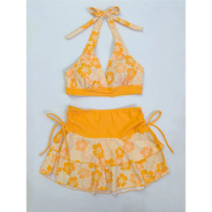 S - XL With Skirt Printed Halter Bikini Female Swimsuit Women Swimwear Three-Pieces Bikini Set Bather Bathing Suit Swim V8230