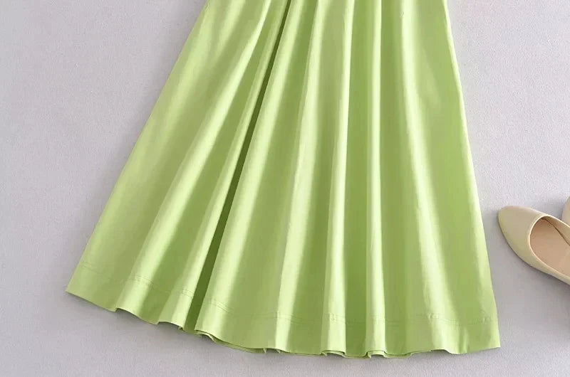Foridol Elastic Smocking Green Cotton V Neck Summer Women&