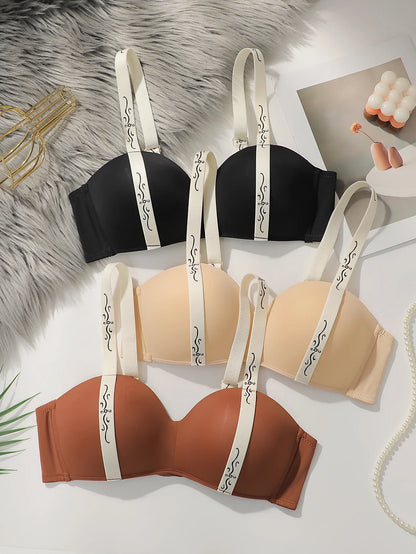 3Pcs Women Wireless Seamless Bra Contrast Printed Wide Straps Back Closure Smooth Everyday Underwear B3054