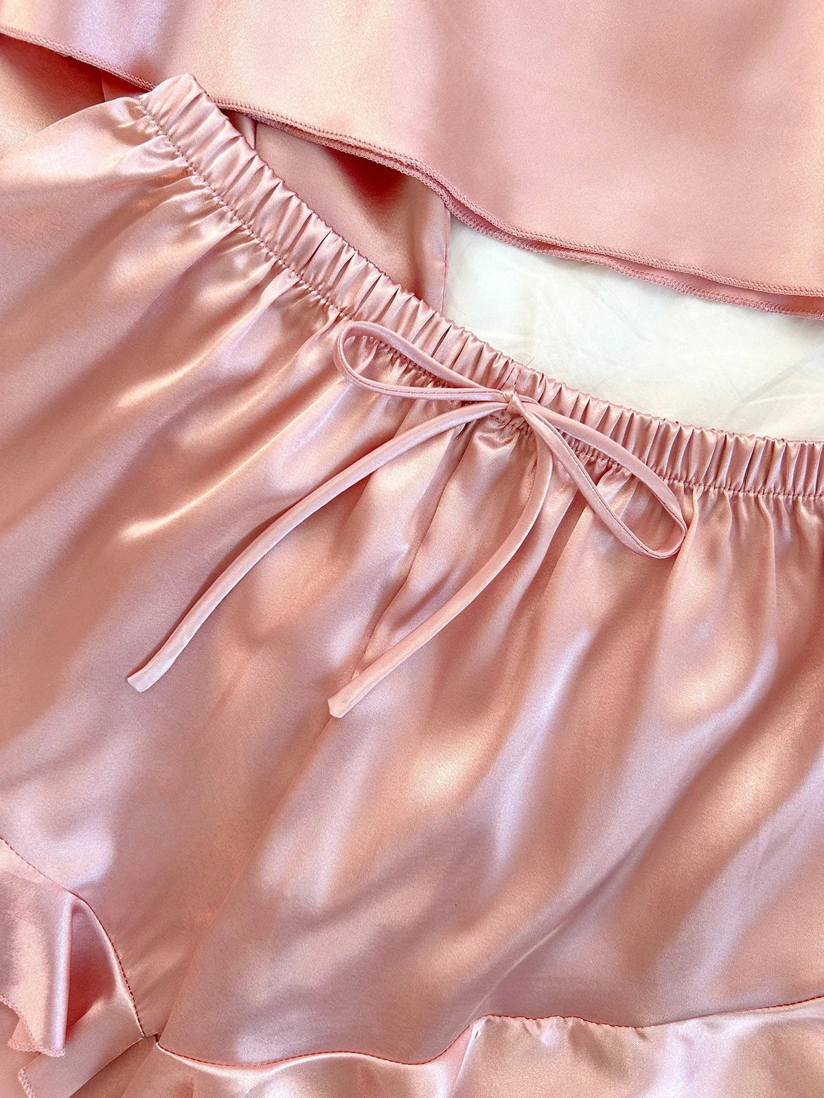 Elegant Solid Satin 4 Pcs Pajamas Set Women Belt Robe V Neck Top Ruffle Hem Shorts And Long Pants Luxury Ladies Night Suit
