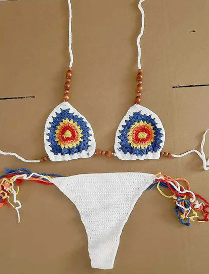 Sexy Hand Woven Bikini 2026 Mujer Women Green Patchwork Bead String Strap Micro Swimsuit Beach Bathing Suit Knitted Swimwear