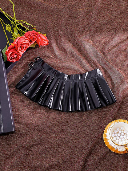 Sexy PU Leather Pleated Skirt Women Solid Basic Mini Skirt Low Waist Skirt Female Nightwear Micro Bikini Skirts Nightclub Skirts