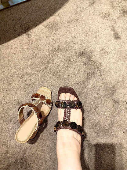 Boho Raffia Comfortable 8cm High Heels Wedge Slide Mules T-Strap Vacation Beach Straw Heels Espadrille Wedge Sandals Women Shoes